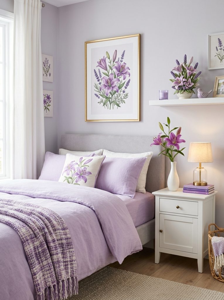 Beautiful purple flower aesthetic bedroom with decor piece shelf lily stem nightstand botanical print and lavender bedding