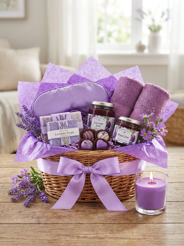 Beautiful purple themed gift basket with lavender products purple candles violet treats purple ribbon and tissue paper for women 