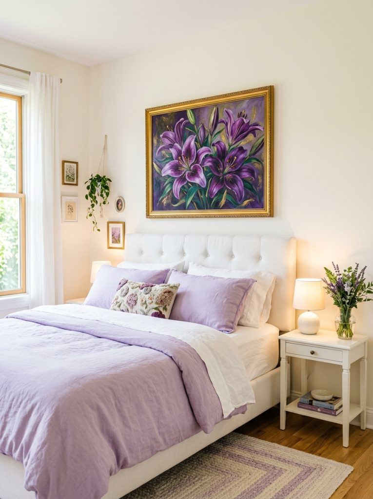 Beautiful bedroom with purple lilies painting above white upholstered bed lavender white bedding and white bedside lamp