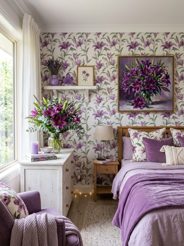 Complete purple lilies room with painting bouquet aesthetic piece and wallpaper unified rich romantic botanical styling