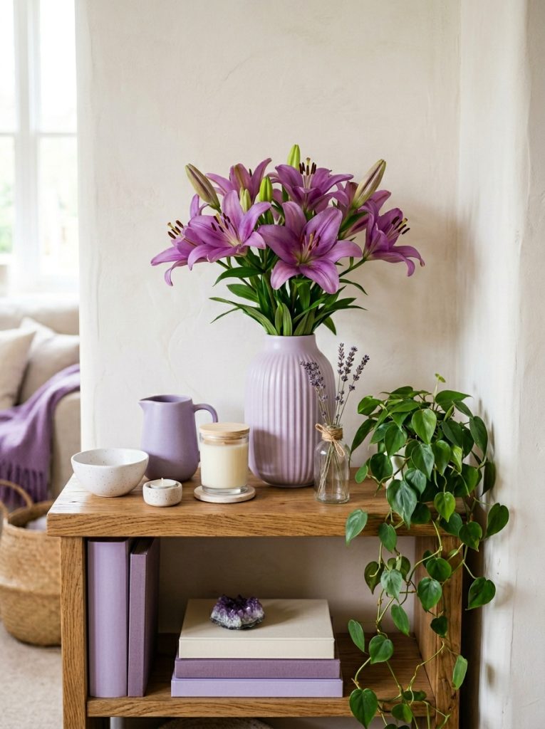 Beautiful purple aesthetic shelf with purple lilies decor piece lavender ceramics white candle dried lavender and trailing plant