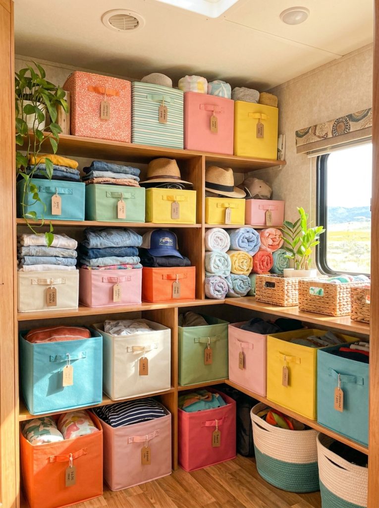 Compact RV closet with stackable fabric bins holding folded clothes accessories and small items organized floor to ceiling