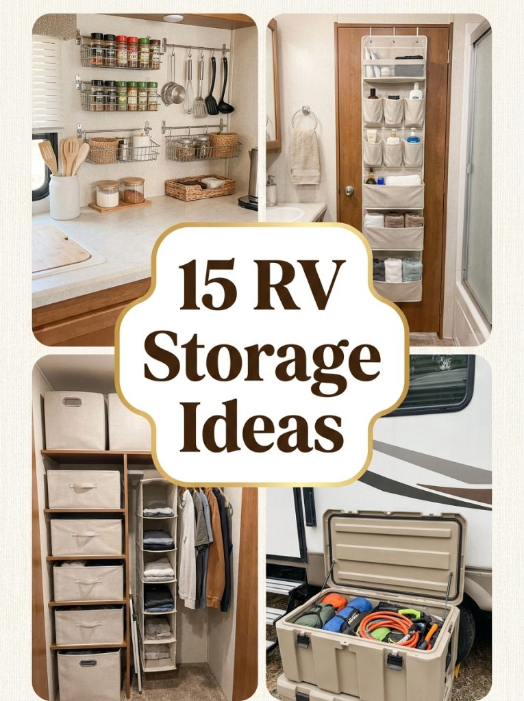Pinterest collage showing 15 RV storage ideas for kitchen bathroom closet bed and outdoor spaces