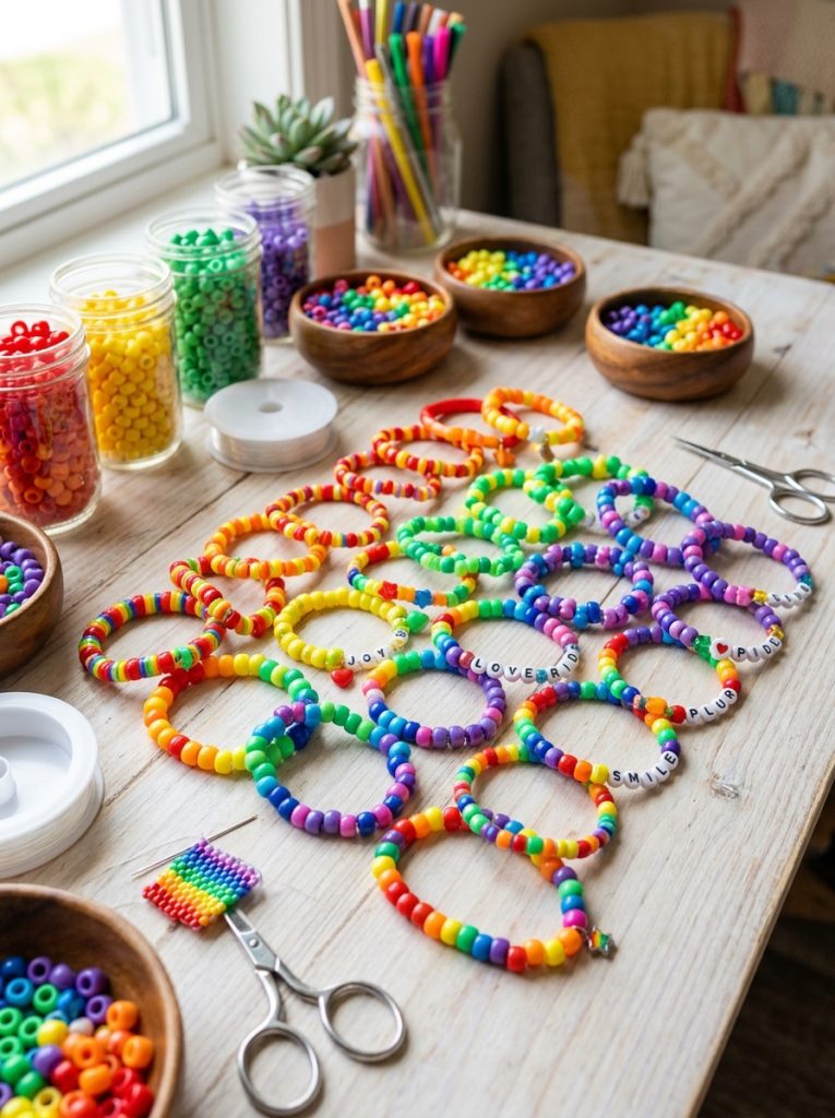 Beautiful rainbow pony beads for kandi with gradient displays alongside completed rainbow spectrum bracelets in joyful collection 