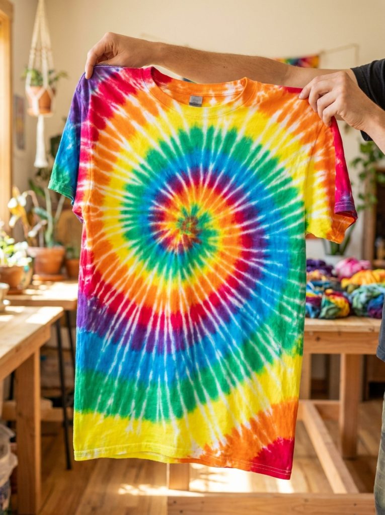Beautiful spiral tie dye pattern tutorial result with stunning rainbow spiral radiating from center in vibrant colors on white shirt