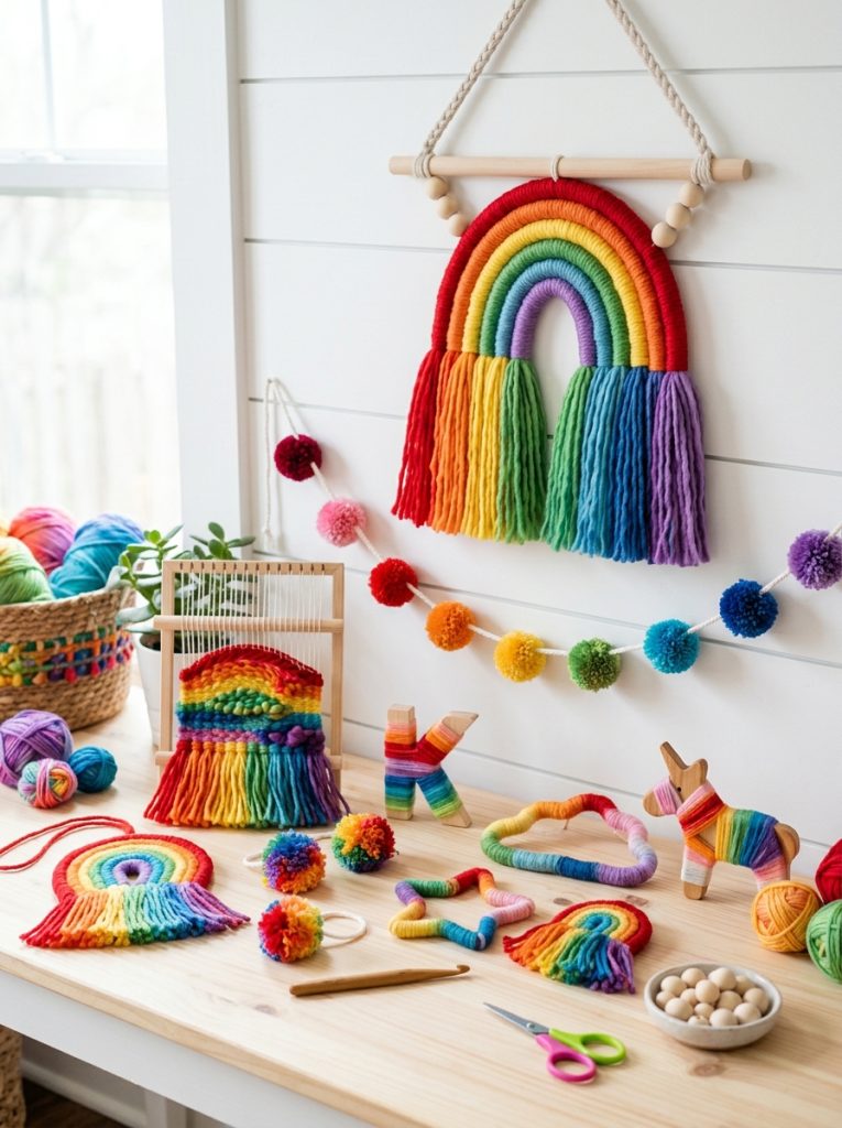 Beautiful rainbow yarn crafts for kids with pom pom garlands wall hangings wrapped creations and weavings in gradient rainbow colors
