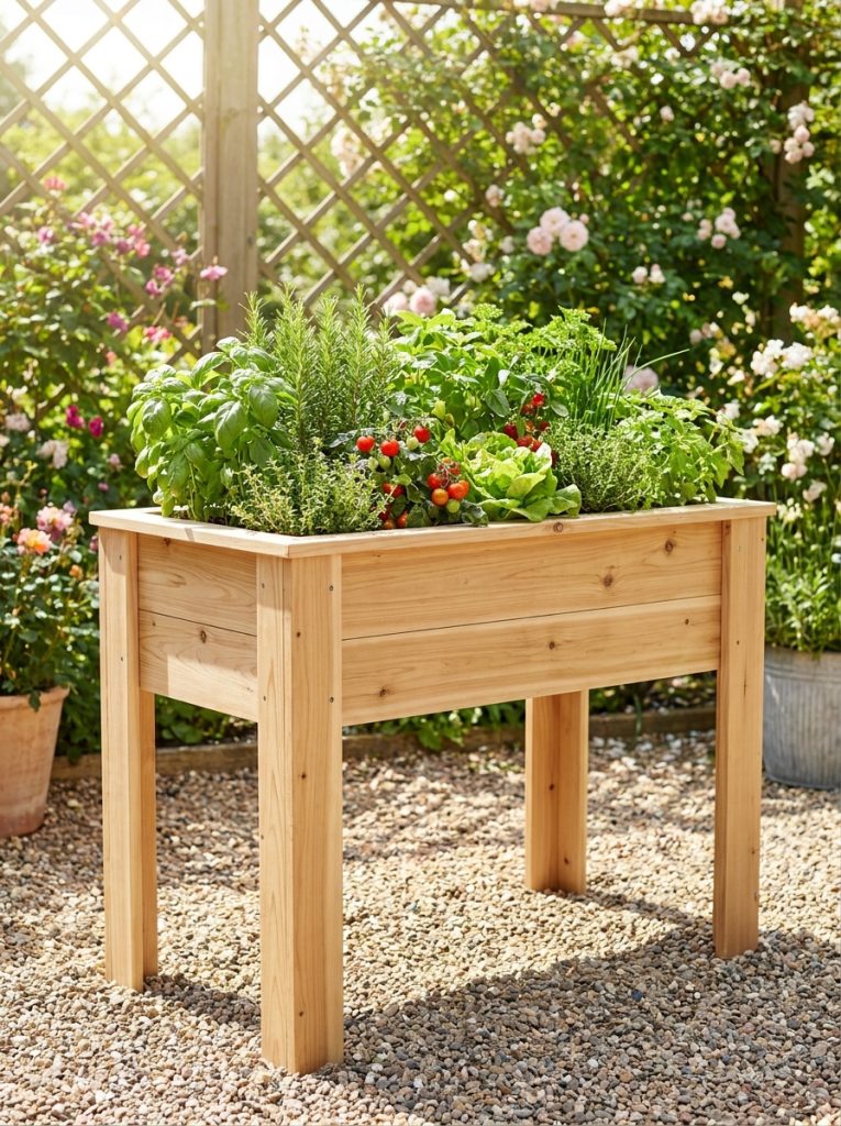  DIY raised wooden planter box on tall legs filled with herbs and vegetables in sunny garden