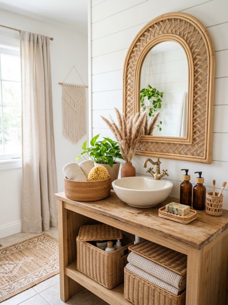 Beautiful rattan wicker boho bathroom accessories with rattan mirror frame wicker baskets soap dish creating cohesive natural texture display