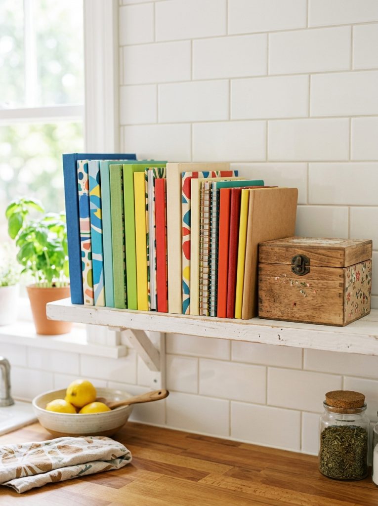 Recipe books and cooking notebooks stored neatly on kitchen shelf with spines facing out and recipe card box beside them