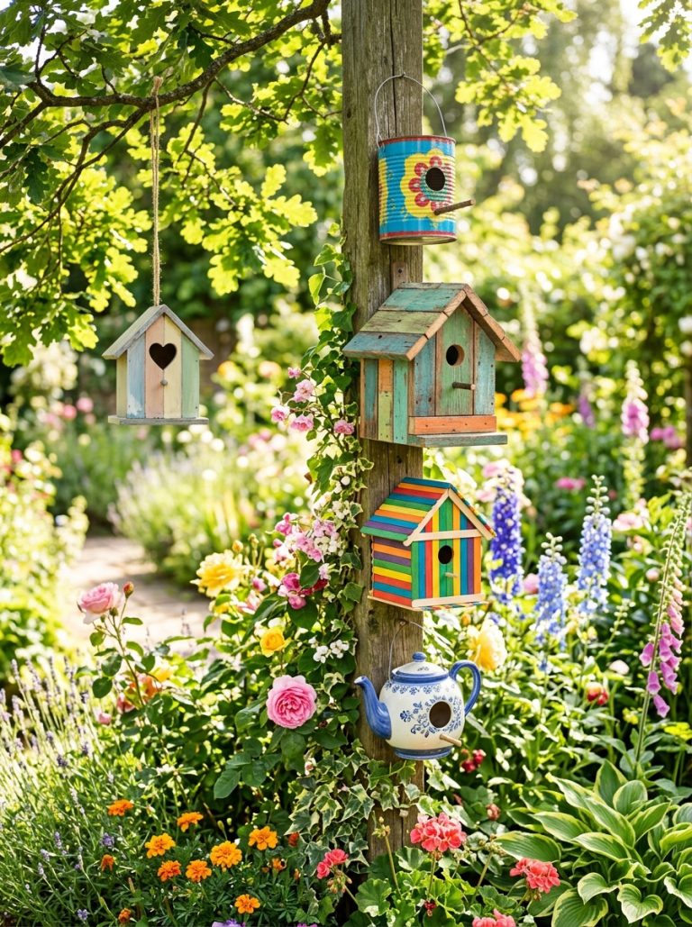 Beautiful DIY birdhouse recycled collection with tin can painted pallet popsicle stick and teapot birdhouses mounted in garden trees and posts.