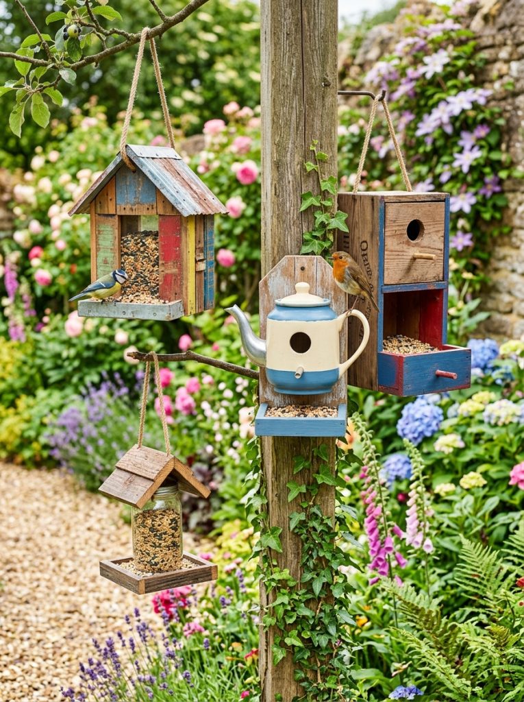  Clever recycled DIY combination birdhouse and feeder with feeding platform and seed tray alongside nest box from recycled materials.