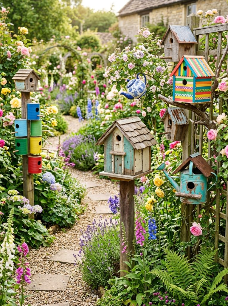 Complete recycled birdhouse DIY collection with tin can pallet wood teapot popsicle stick painted and watering can throughout beautiful garden. 