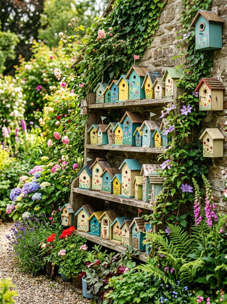  Beautiful recycled DIY birdhouses as pure garden decoration in coordinating colors displayed on shelves walls and among garden plantings.
