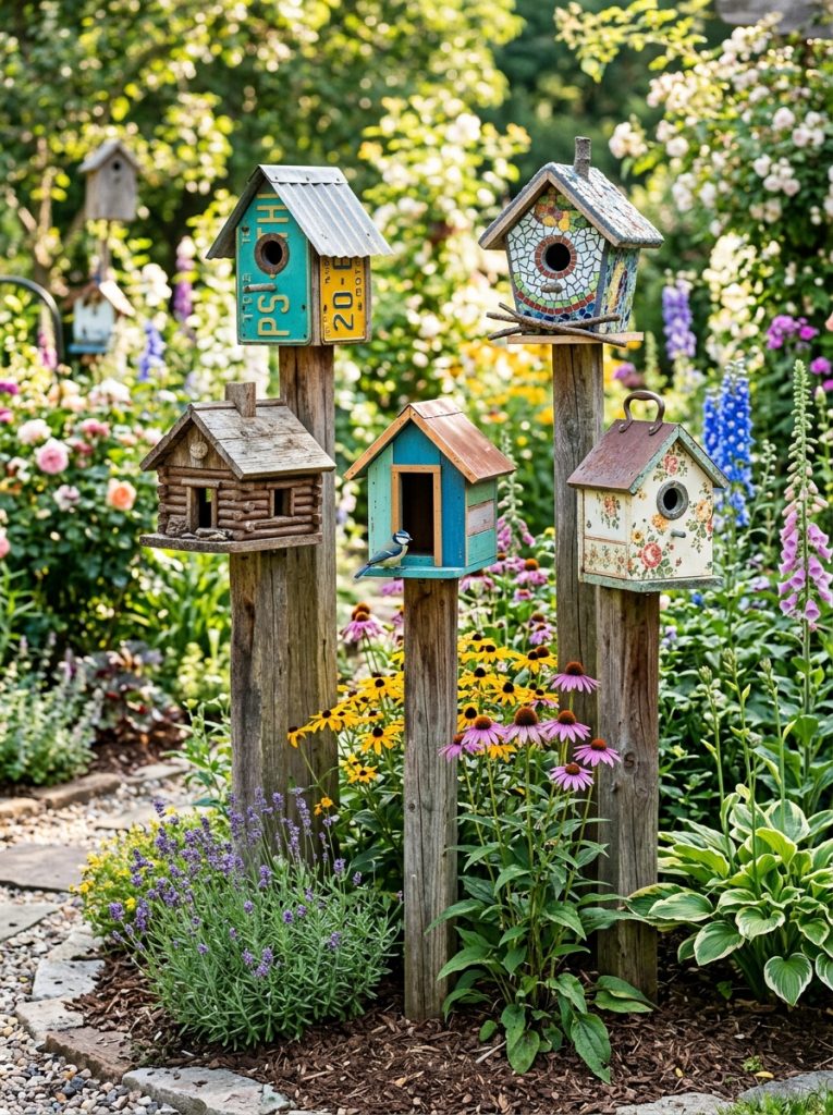 Beautiful recycled birdhouses mounted on garden posts and stands at appropriate heights with surrounding garden planting.
