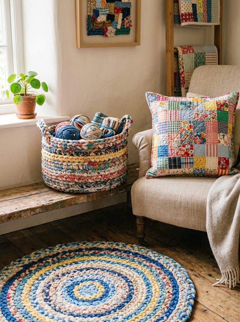 Beautiful recycled fabric craft home decorations with t-shirt yarn rug braided basket and patchwork pillow from old garments