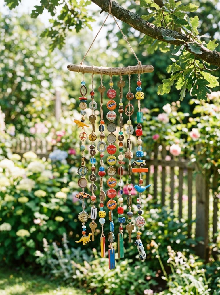 reative recycled materials DIY wind chime with bottle caps old keys small toys and colorful objects on cord as personal unique chime 