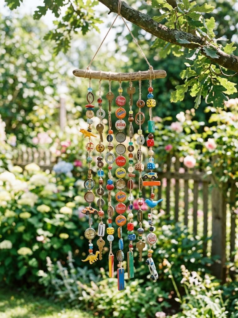 reative recycled materials DIY wind chime with bottle caps old keys small toys and colorful objects on cord as personal unique chime