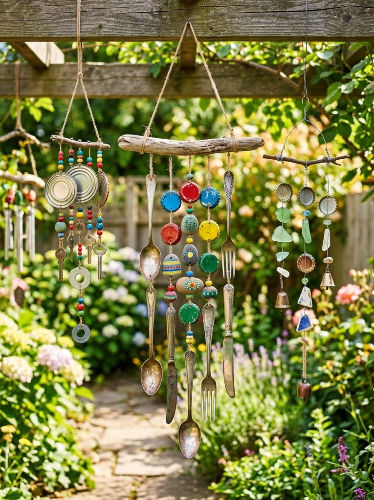  Creative easy recycled DIY wind chimes with repurposed cutlery bottle caps painted stones and recycled finds as unique outdoor chimes 