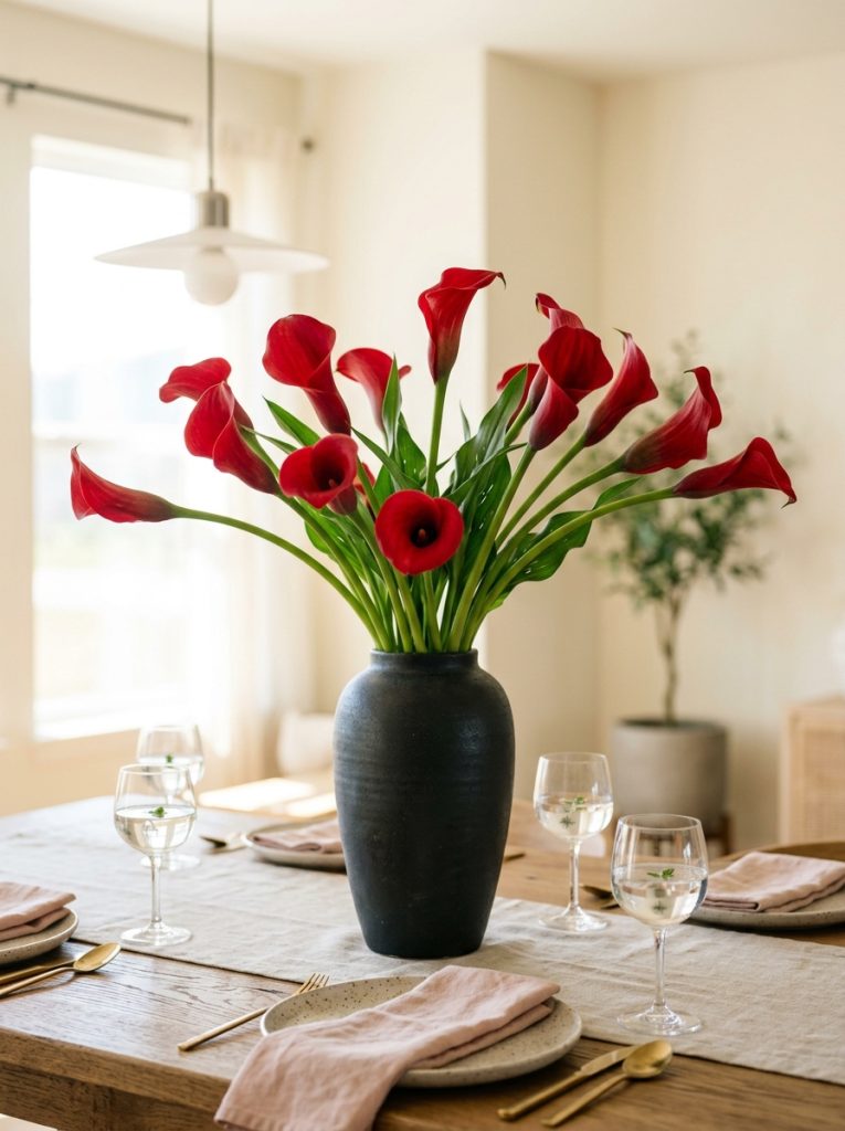 Striking dining table with red calla lilies arrangement tall dark ceramic vase bold crimson blooms neutral background
