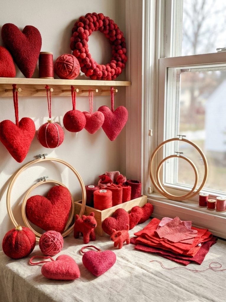 Beautiful red aesthetic felt craft creations with deep red scarlet and rose red felt pieces creating dramatic bold collection display 