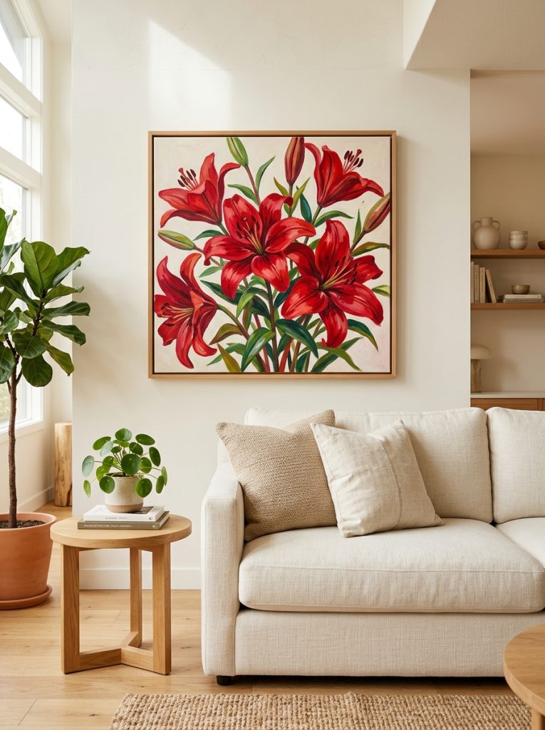 Beautiful living room with large red lilies painting above cream sofa neutral cushions wooden side table and plant.