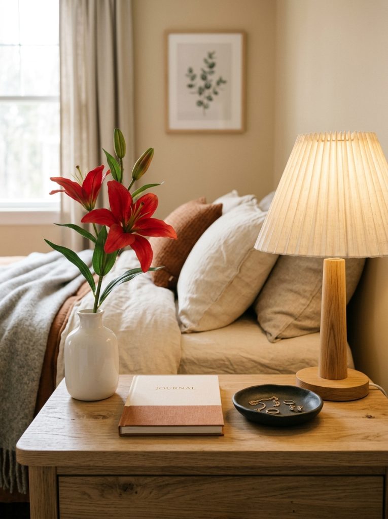  Beautiful bedroom bedside vignette with red lily stem white vase warm lamp book and dark ceramic dish.