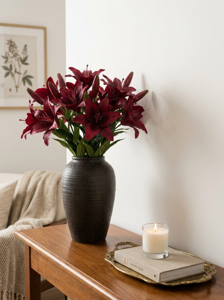 Beautiful dark red artificial lily bouquet in dark ceramic vase on console table with candle and book