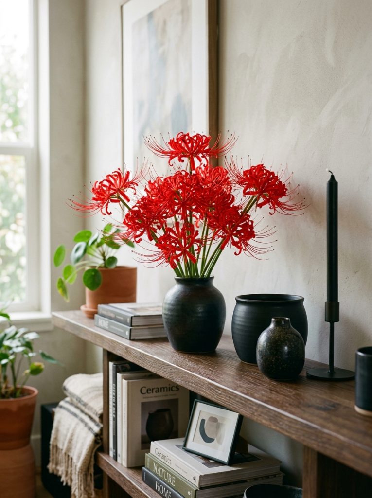  Beautiful living room shelf with red spider lilies decor arrangement vivid crimson radiating petals dark ceramics and black candle