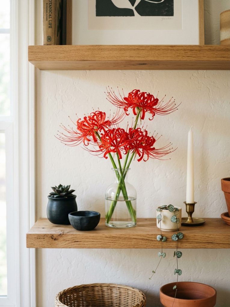 Beautiful shelf display with red spider lilies decor piece dark ceramics candle and trailing plant vignette.