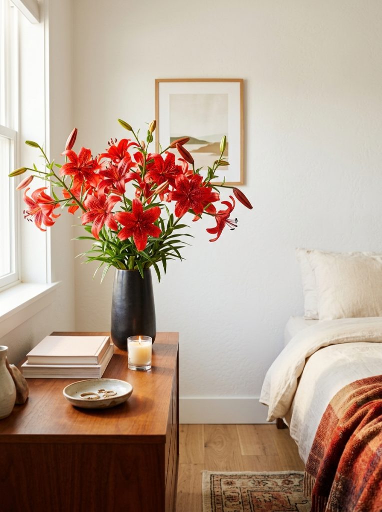 Beautiful dramatic bedroom with red tiger lilies tall dark vase bold spotted blooms white wall dresser statement.