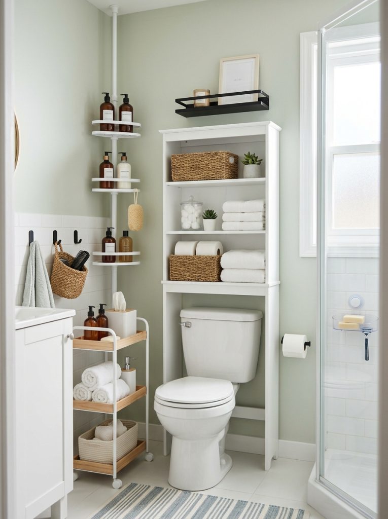 Beautiful renter-friendly bathroom storage with no-drill freestanding shelving tension poles over-toilet units adhesive-free reversible organization 