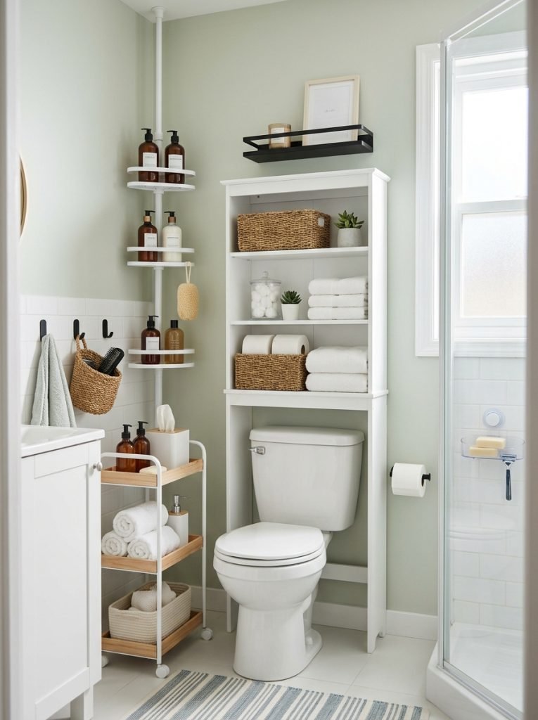 Beautiful renter-friendly bathroom storage with no-drill freestanding shelving tension poles over-toilet units adhesive-free reversible organization