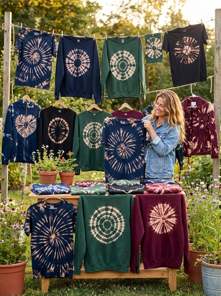 Beautiful reverse tie dye patterns with white light designs on colored dark shirts through resist and bleach techniques