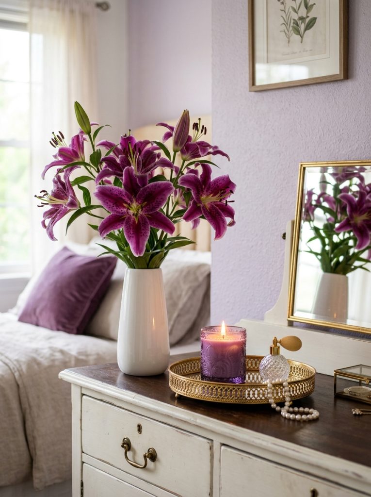Beautiful romantic bedroom dresser with purple stargazer lilies tall white vase gold tray purple candle warm romantic lighting