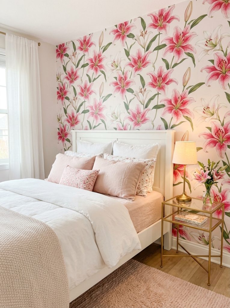  Beautiful romantic bedroom with pink lilies wallpaper white bed frame blush white bedding and gold nightstand lamp.