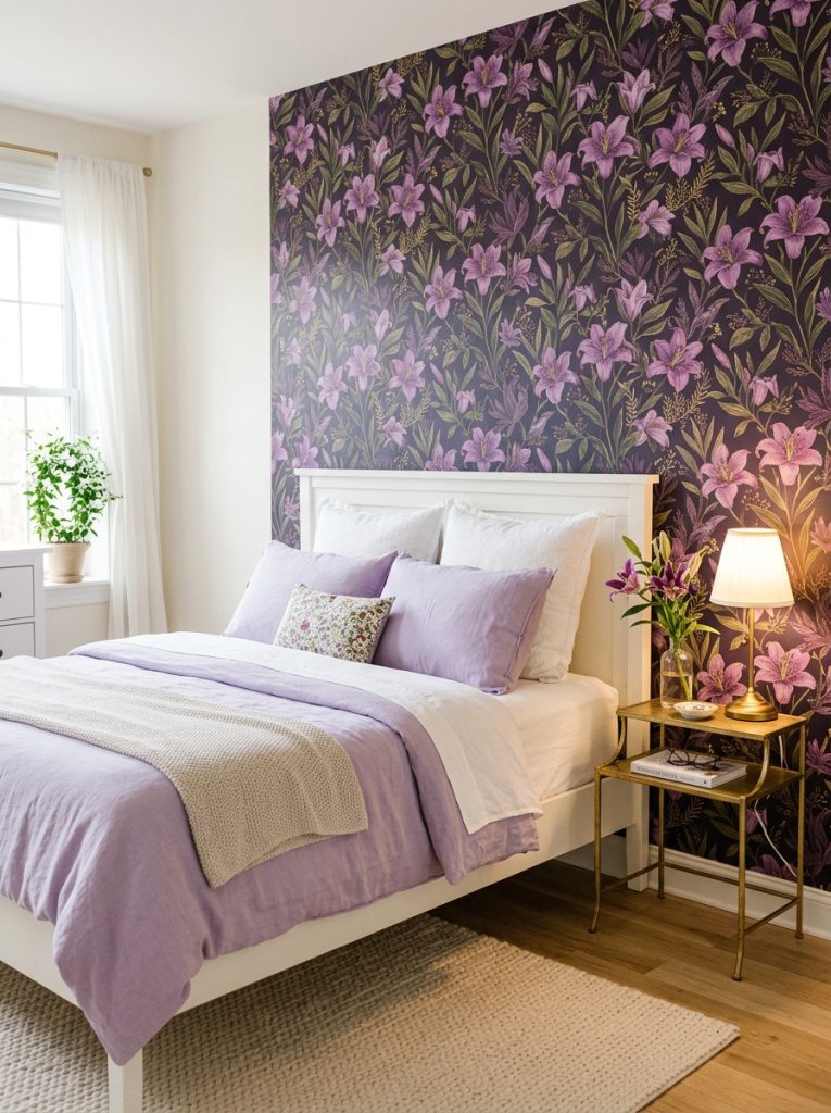 Beautiful romantic bedroom with purple lilies wallpaper white bed lavender white bedding and gold nightstand lamp
