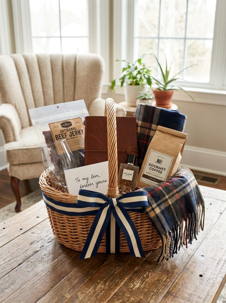 Beautiful romantic boyfriend gift basket with favourite snacks handwritten note personal care items and small meaningful gifts with ribbon Pin