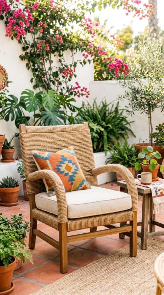 DIY rope-wrapped outdoor chair with natural rope coiled tightly around seat back and armrests on bright sunny patio