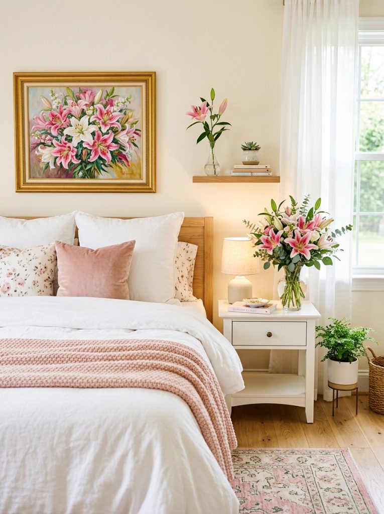 Beautiful rose lilies aesthetic bedroom with bouquet nightstand painting wall blush throw and rose lily stem shelf