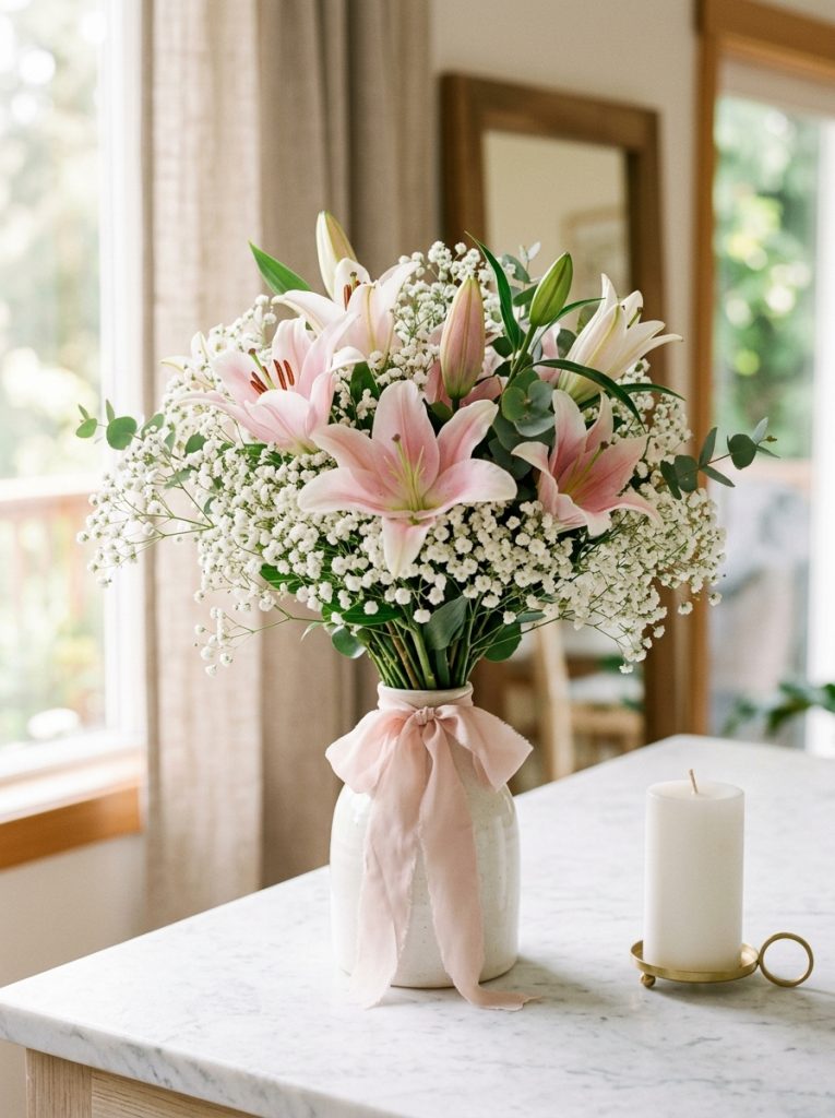 Beautiful rose lilies baby breath bouquet on white surface soft ribbon minimal candle and soft natural lighting