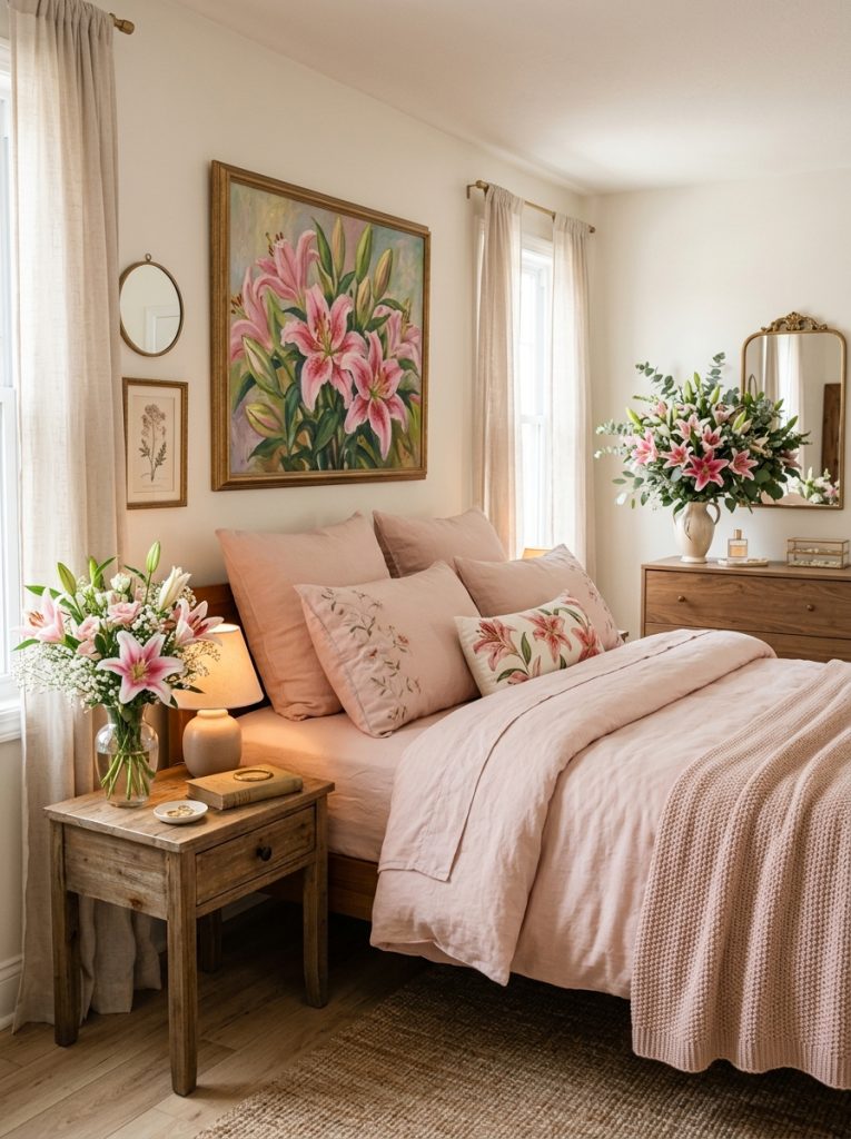 Complete rose lilies bedroom with painting bouquet baby breath arrangement and blush bedding unified romantic botanical styling