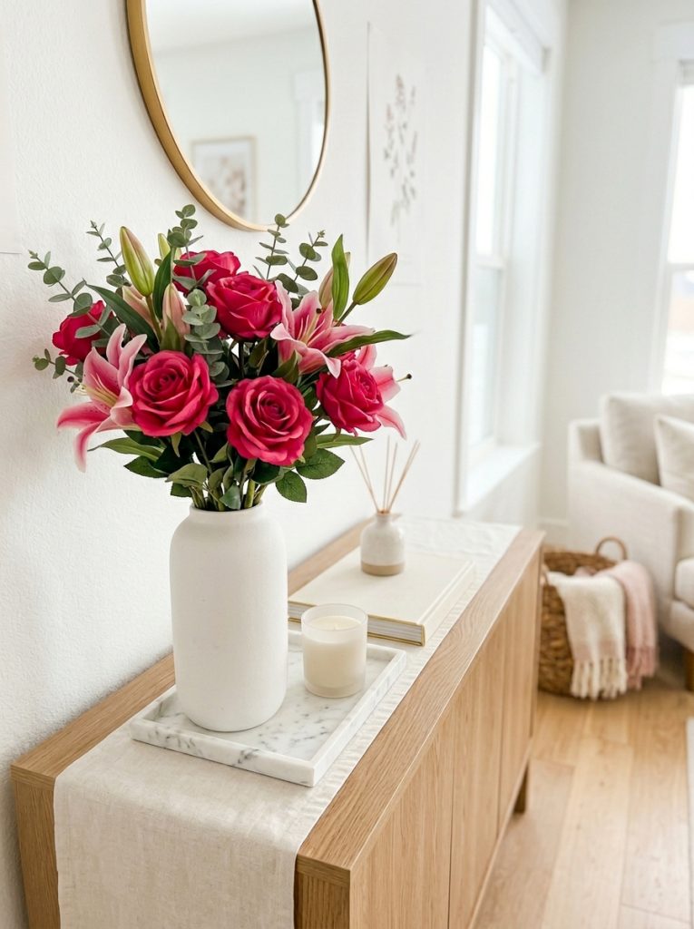 Beautiful living room console with rose lilies bouquet tall white ceramic vase marble tray candle and gold frame art book