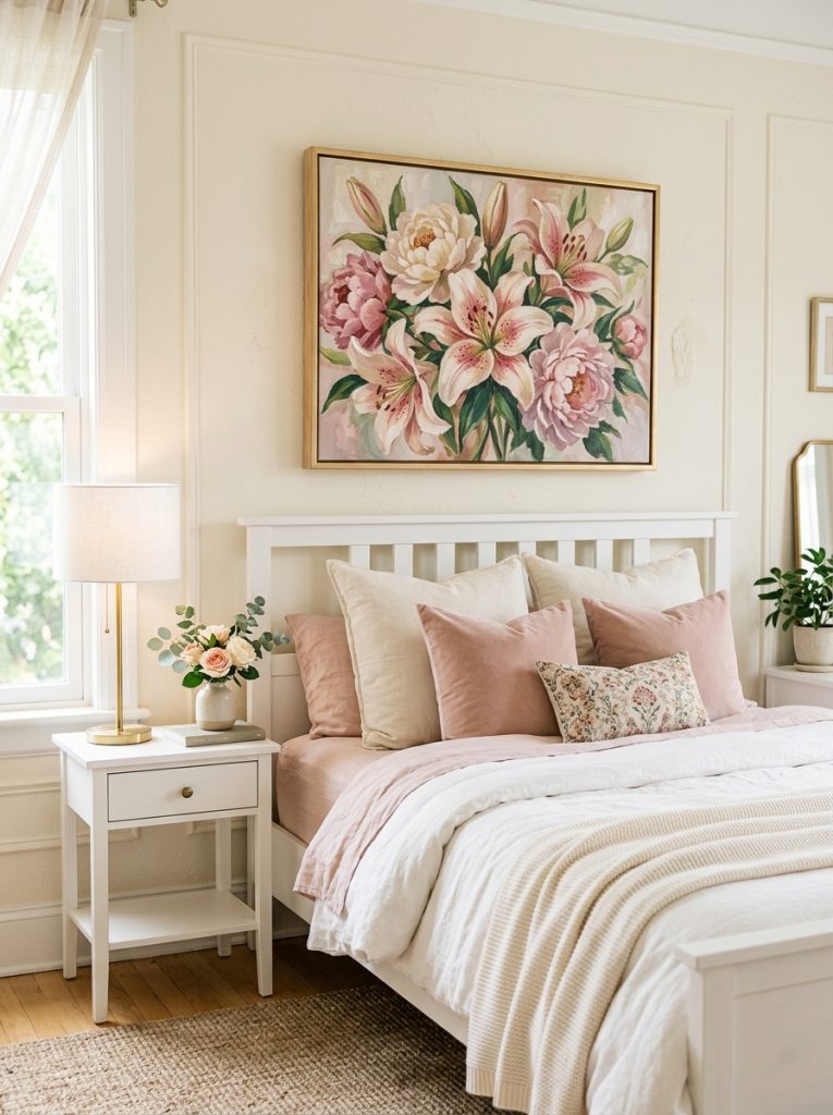  Beautiful bedroom with rose lilies painting above white bed cream blush bedding and slim gold bedside lamp