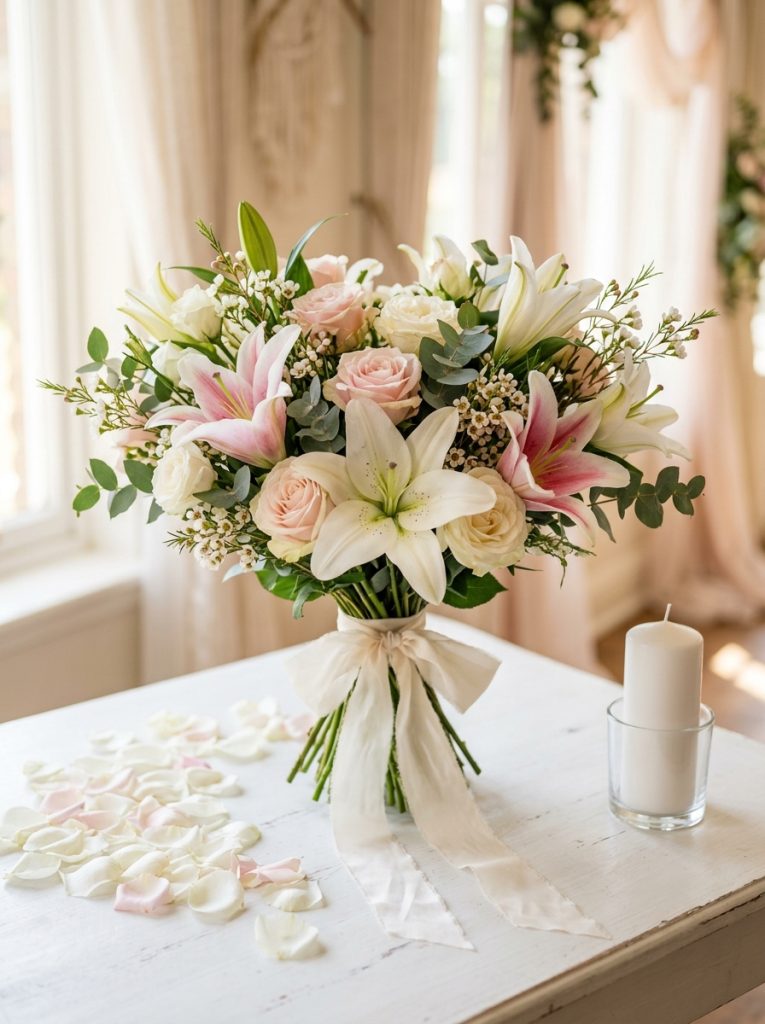 Beautiful rose lilies wedding bouquet white surface soft ribbon scattered petals white candle and diffused natural light