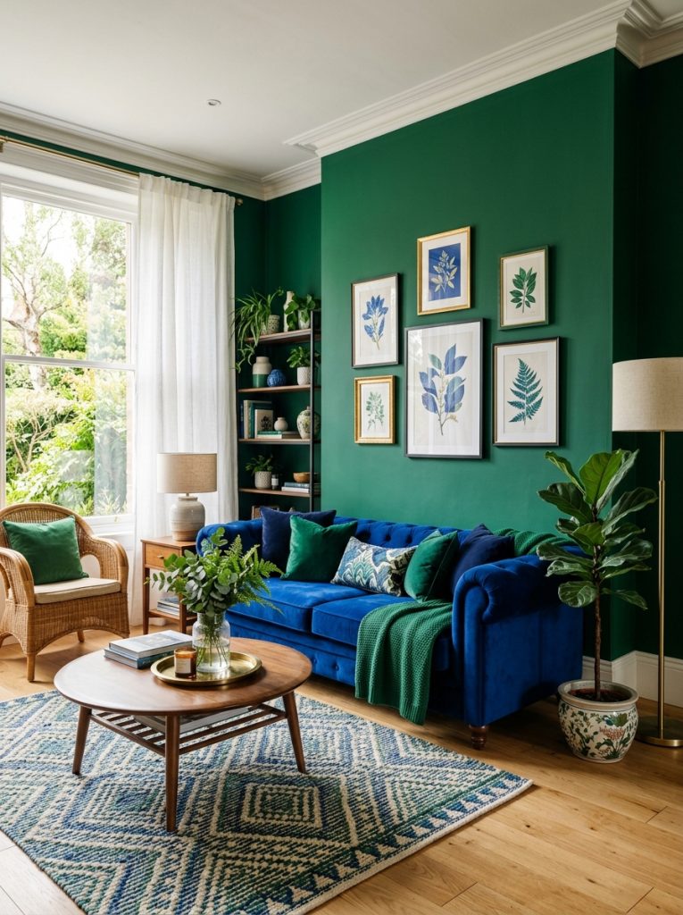 Beautiful royal blue and green living room with rich royal blue sofa and emerald green accessories in bold luxurious combination