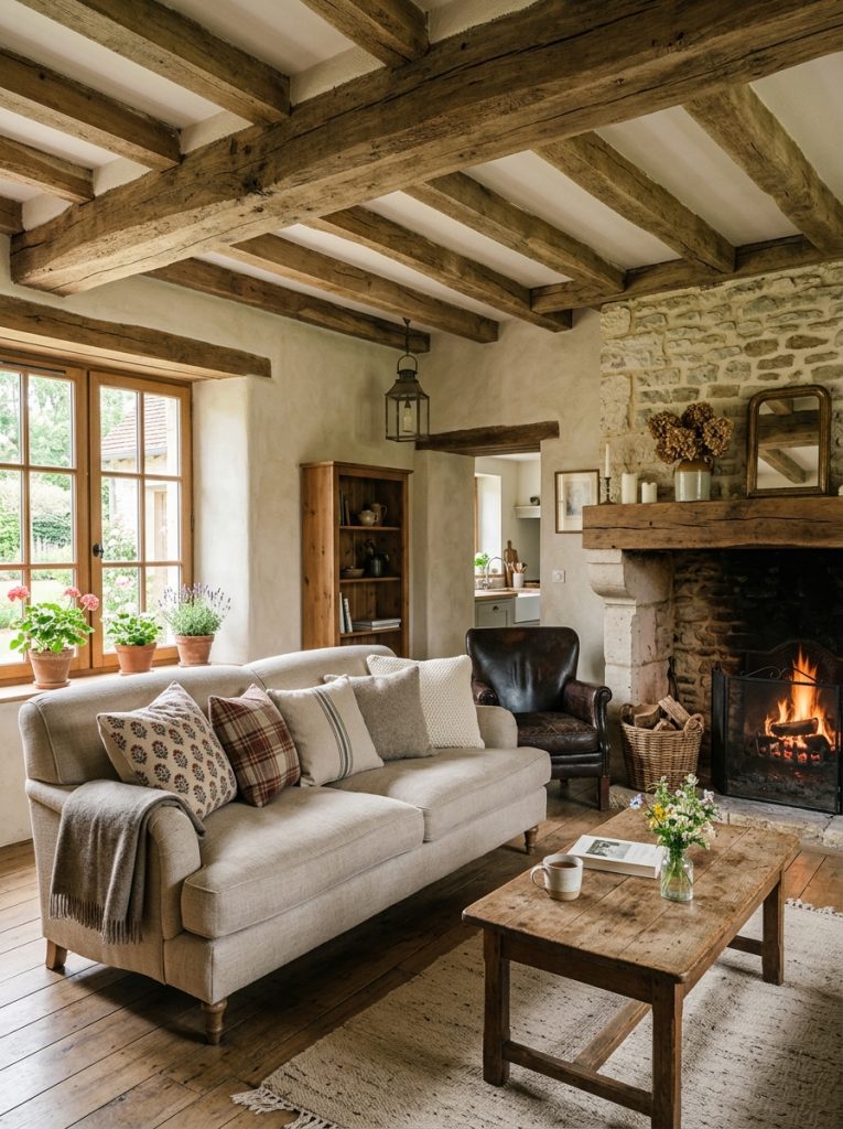 Beautiful rustic french farmhouse living room with exposed wooden beams reclaimed wood stone fireplace and linen sofa