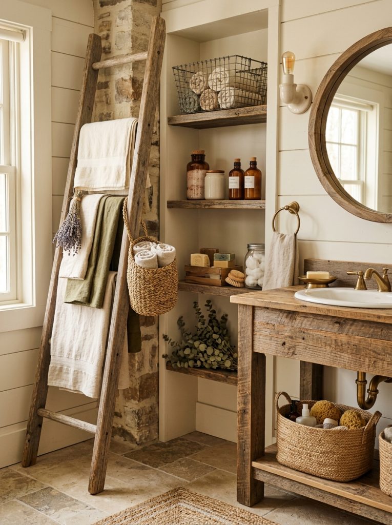  Beautiful rustic bathroom storage with weathered wood shelves ladder towel storage vintage metal containers natural organizers in warm bathroom