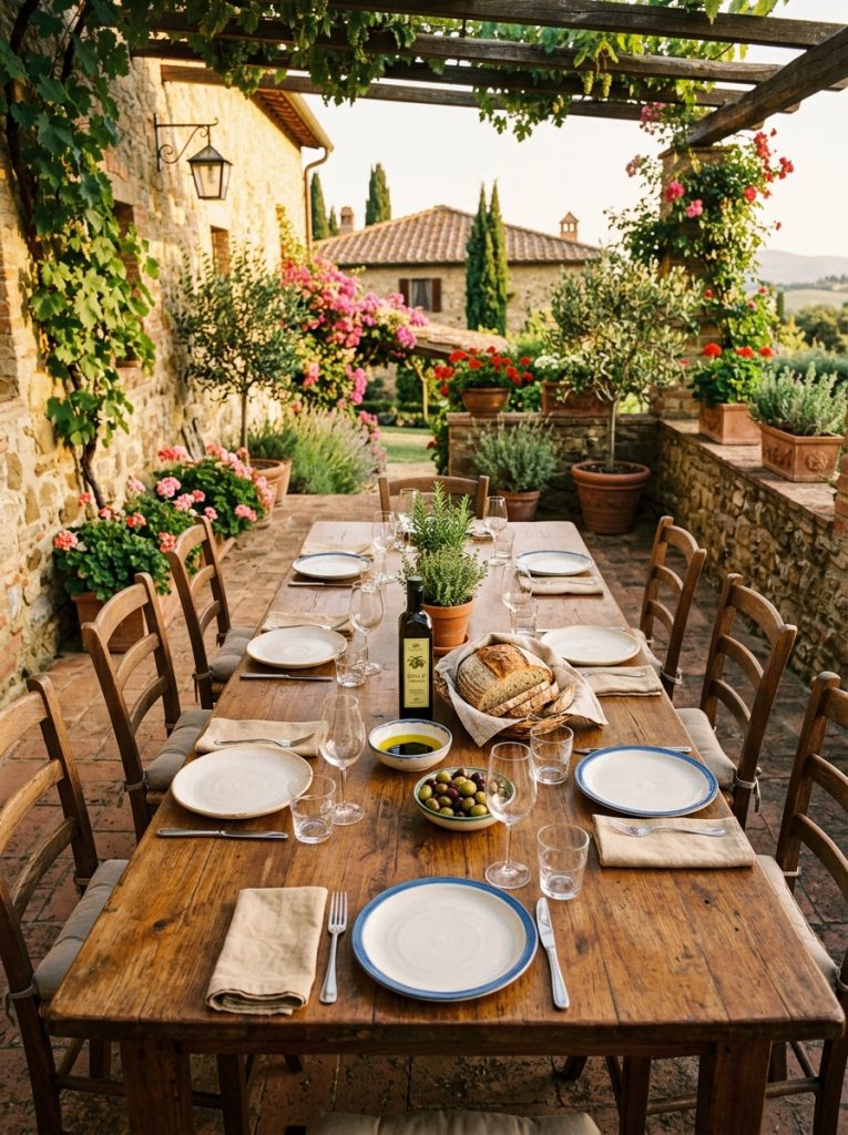 Long rustic wood dining table set on Italian style patio with simple place settings olive oil and bread golden light