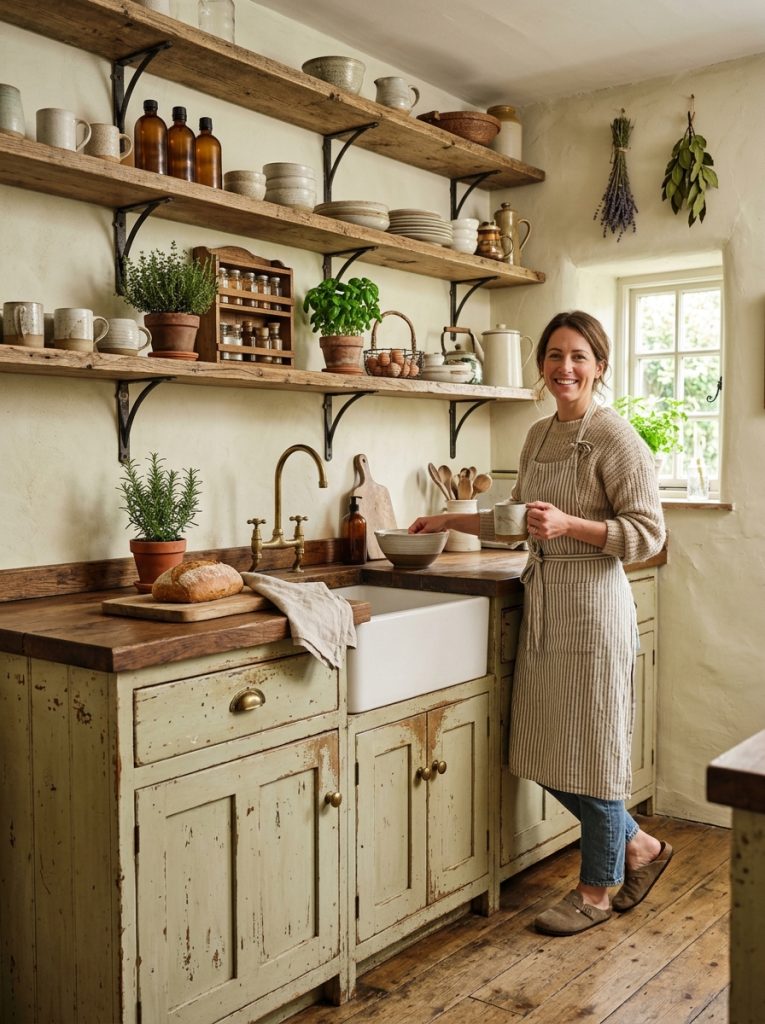  Beautiful rustic DIY kitchen cabinets with distressed paint finishes reclaimed wood elements open shelving natural materials in characterful kitchen