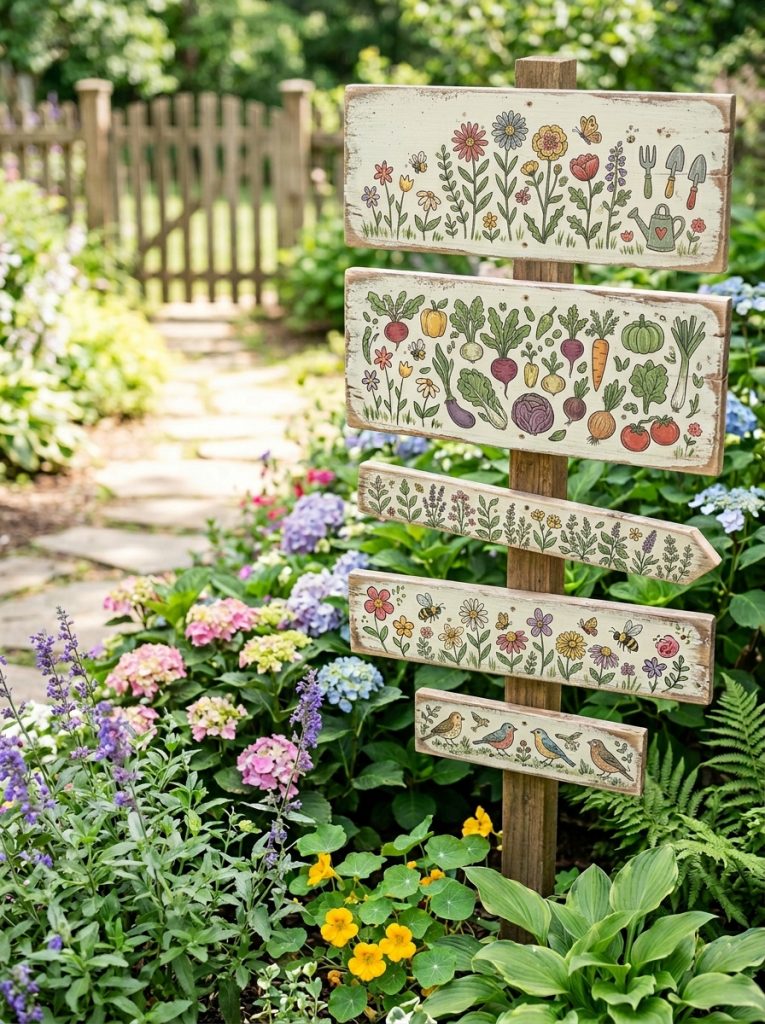 Beautiful rustic pallet wood garden sign DIY with reclaimed boards painted with garden messages and botanical designs among garden plantings 